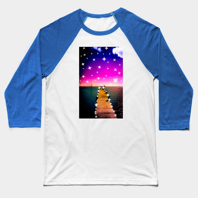 Blue and Purple Starry Pier with a Runway Effect Baseball T-Shirt by Shell Photo & Design